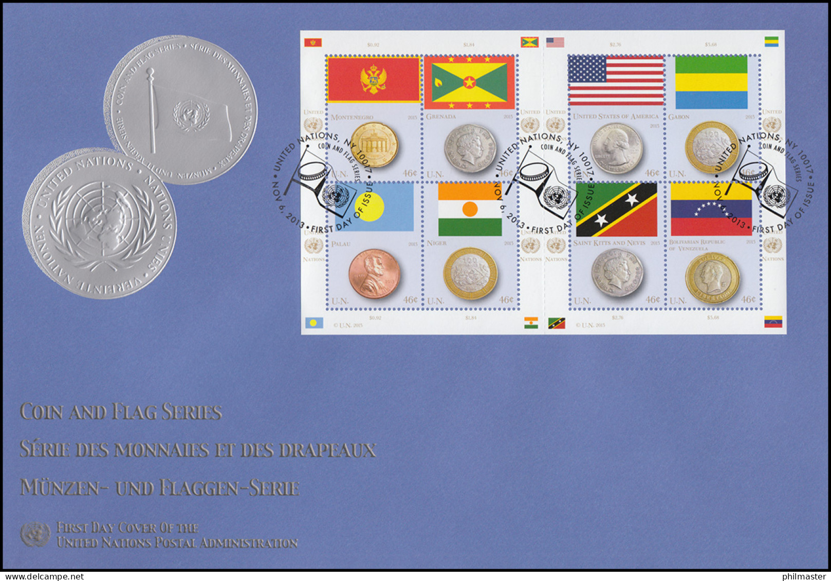 UNO New York 1379-1386 Flaggen Und Münzen, Keinbogen Auf Schmuck-FDC N.Y. 2013 - Monete