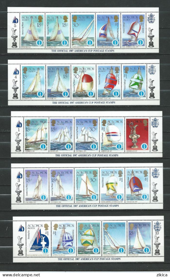 1986 America's Cup Yachting Championship 10 M/S Strip Of 5 Stamps And Winning The "America's Cup.S/S. MNH** - Solomon Islands (1978-...)