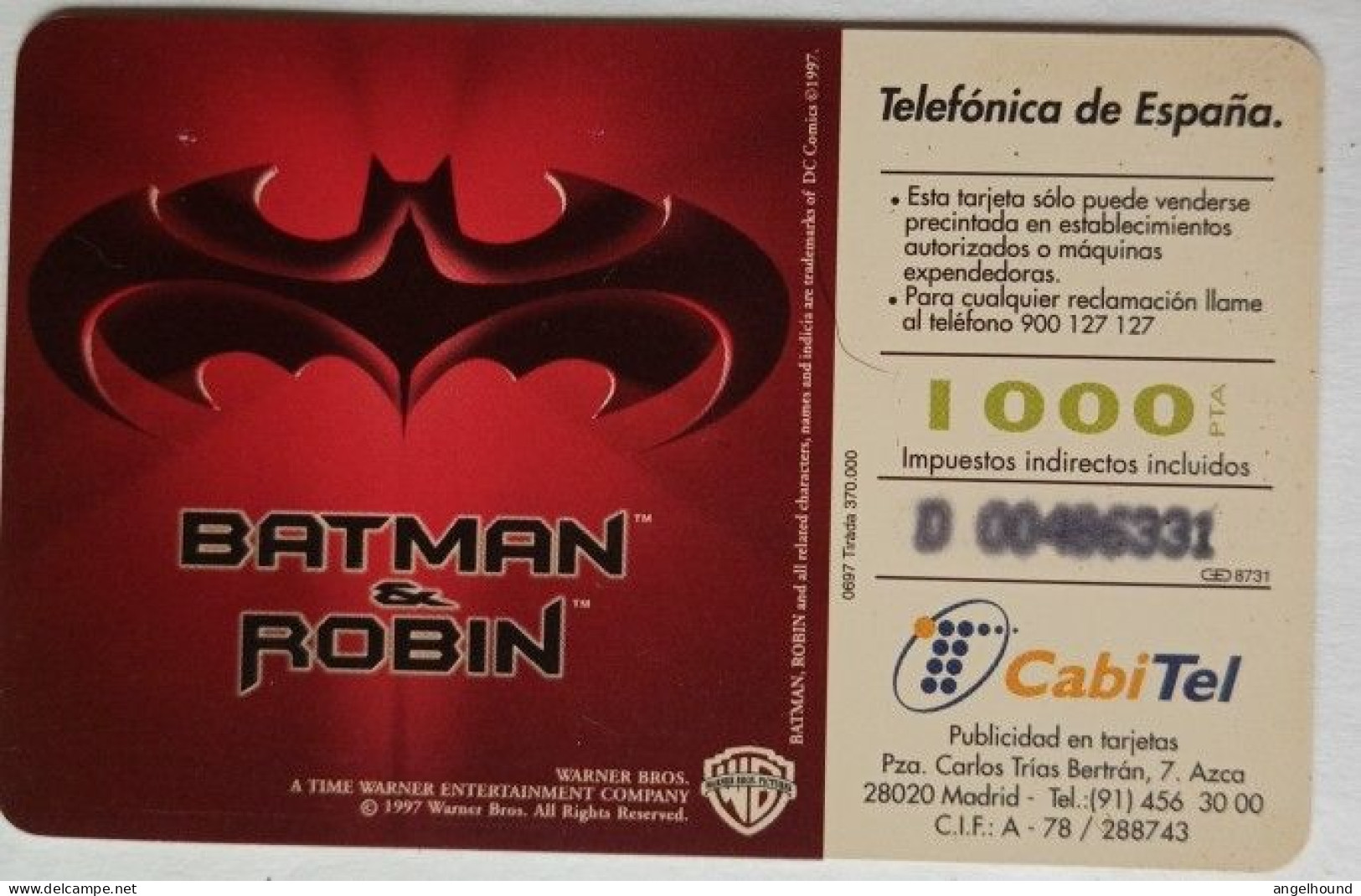 Spain 1000 Pta.  Chip Card - Batman ( Film ) - Emisiones Básicas