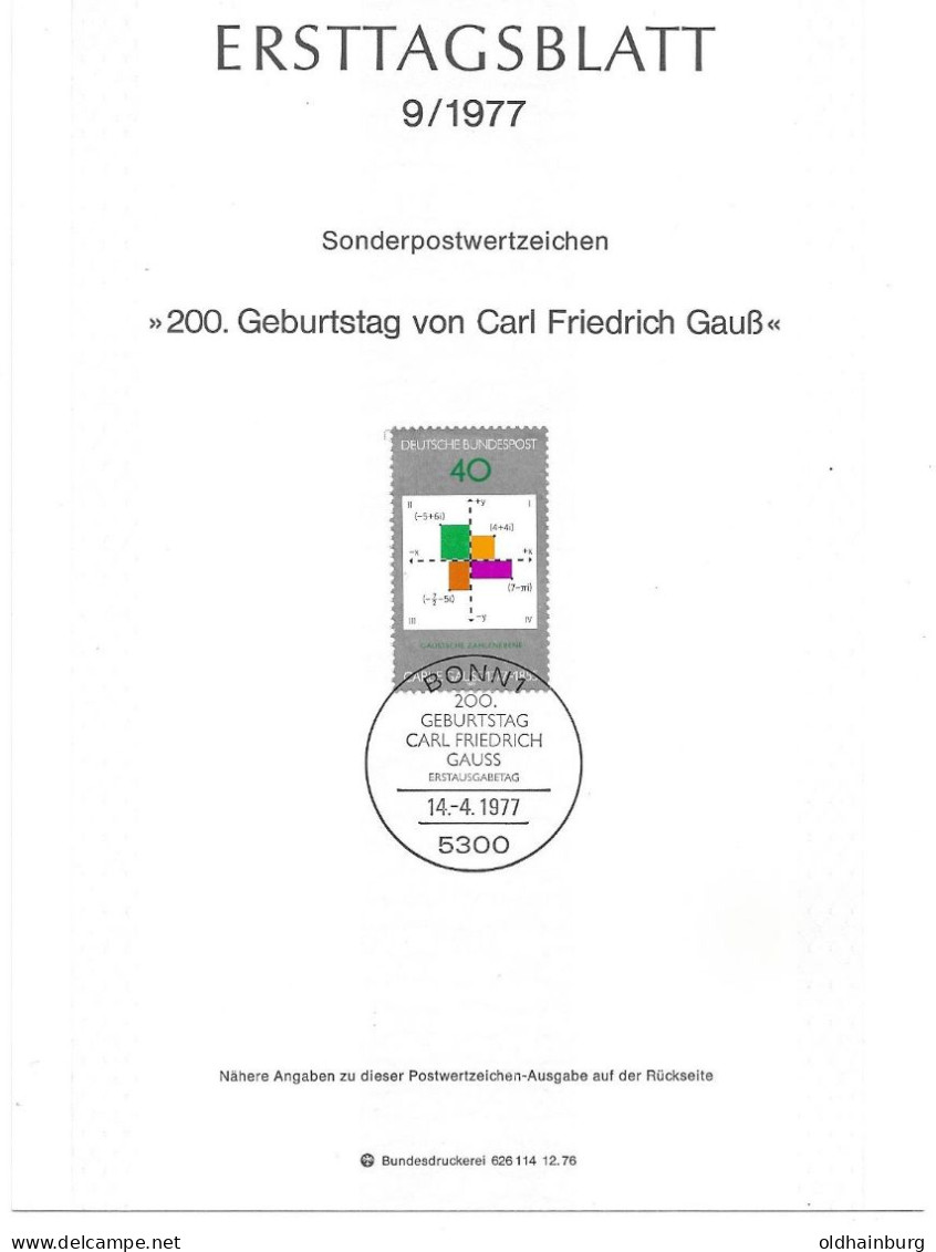 0542a: BRD- ETB 1977, Carl Friedrich Gauß - Physik