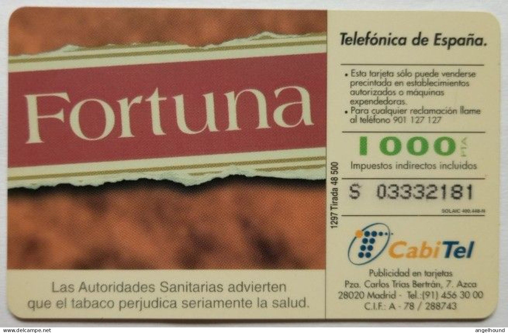 Spain 1000 Pta.  Chip Card - Fortuna ( Tobacco ) - Emissions Basiques