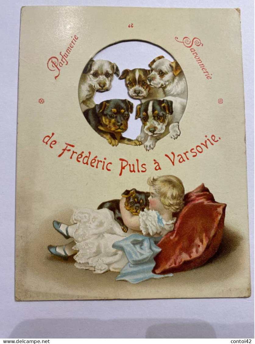 VARSOVIE PARFUMERIE SAVONNERIE FREDERIC PULS PUBLICITE ANCIENNE CARTON DECOUPIS CHIENS ENFANT PARFUMS  POLOGNE - Autres & Non Classés