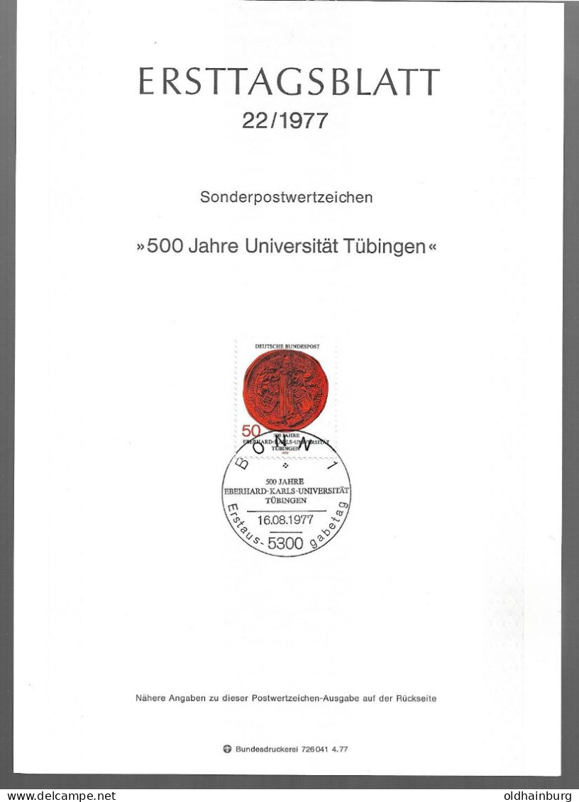 0542m: BRD- ETB 1977, Wachssiegel Der Universität Tübingen - Covers