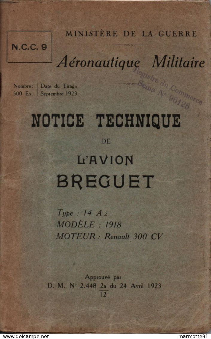 NOTICE TECHNIQUE AVION BREGUET TYPE 14 A 2  AERONAUTIQUE MILITAIRE 1923 - Avión