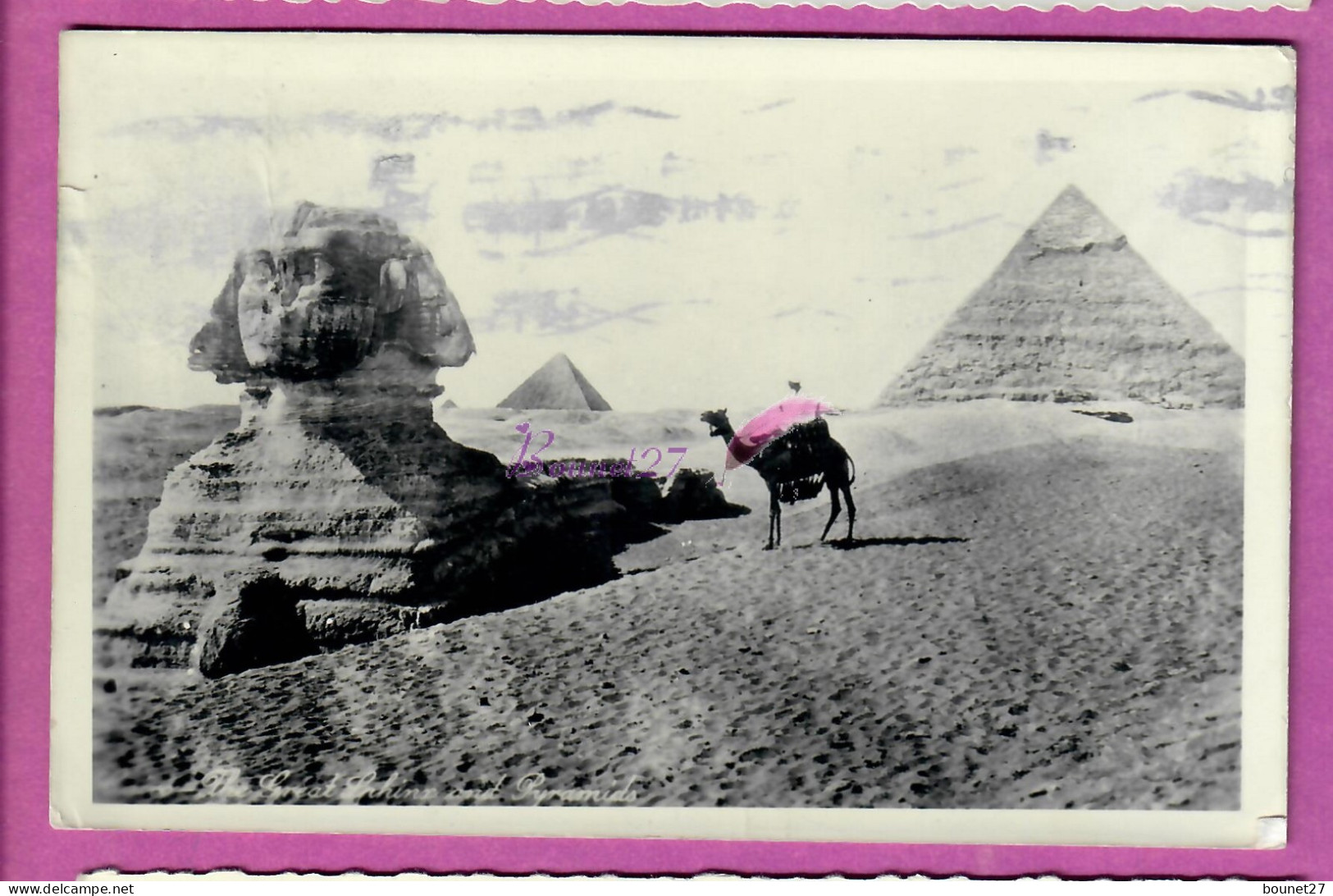 CPSM EGYPTE - Le Sphinx Et Les Pyramides Animé Homme En Dromadaire  Voyagé - Piramidi