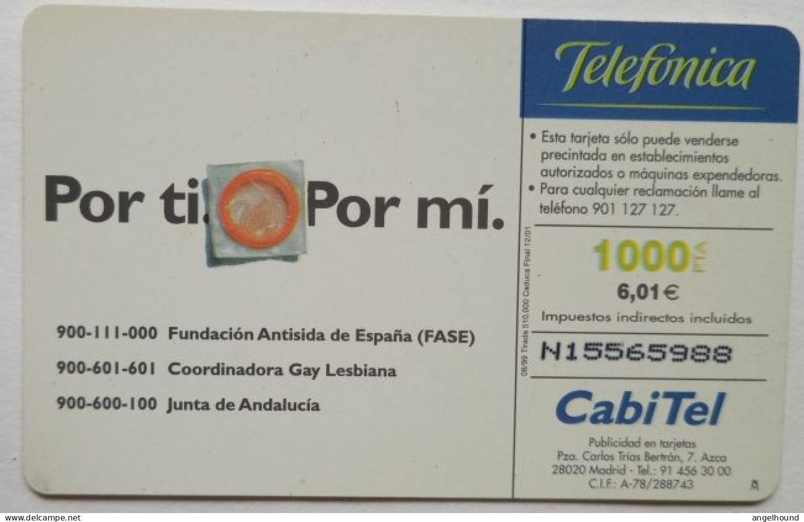 SWpain 1000 Pta. Chip Card - Por Ti , Por Mi  ( Aids ) - Emissions Basiques