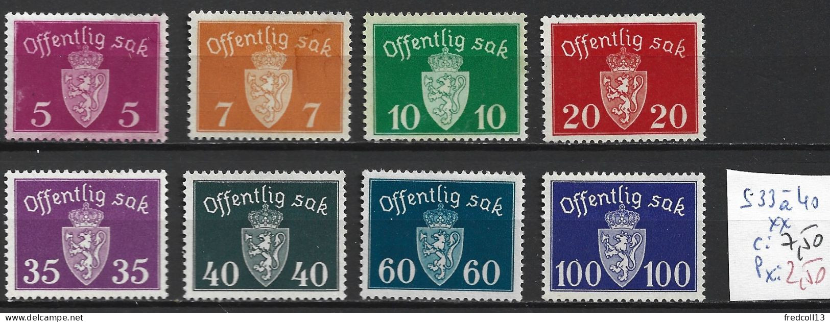 NORVEGE SERVICE 33 à 40 ** Côte 7.50 € - Dienstzegels