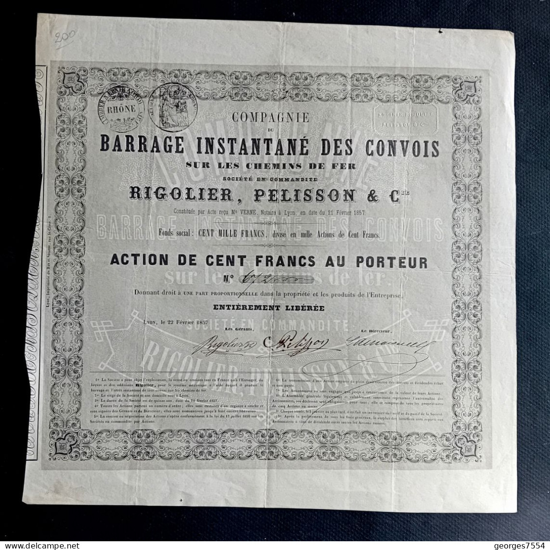 ACTION DE 100 FRANCS - BARRAGE INSTANTANE DES CONVOIS SUR LES CHEMINS DE FER 1857 - Verkehr & Transport