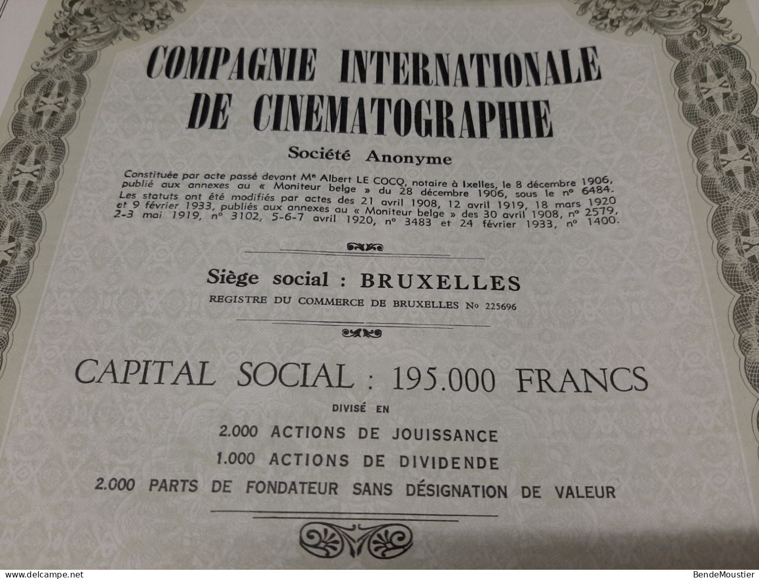 Compagnie Internationale De Cinématographie S.A. - Part De Fondateur Au Porteur Bruxelles 1933. - Kino & Theater