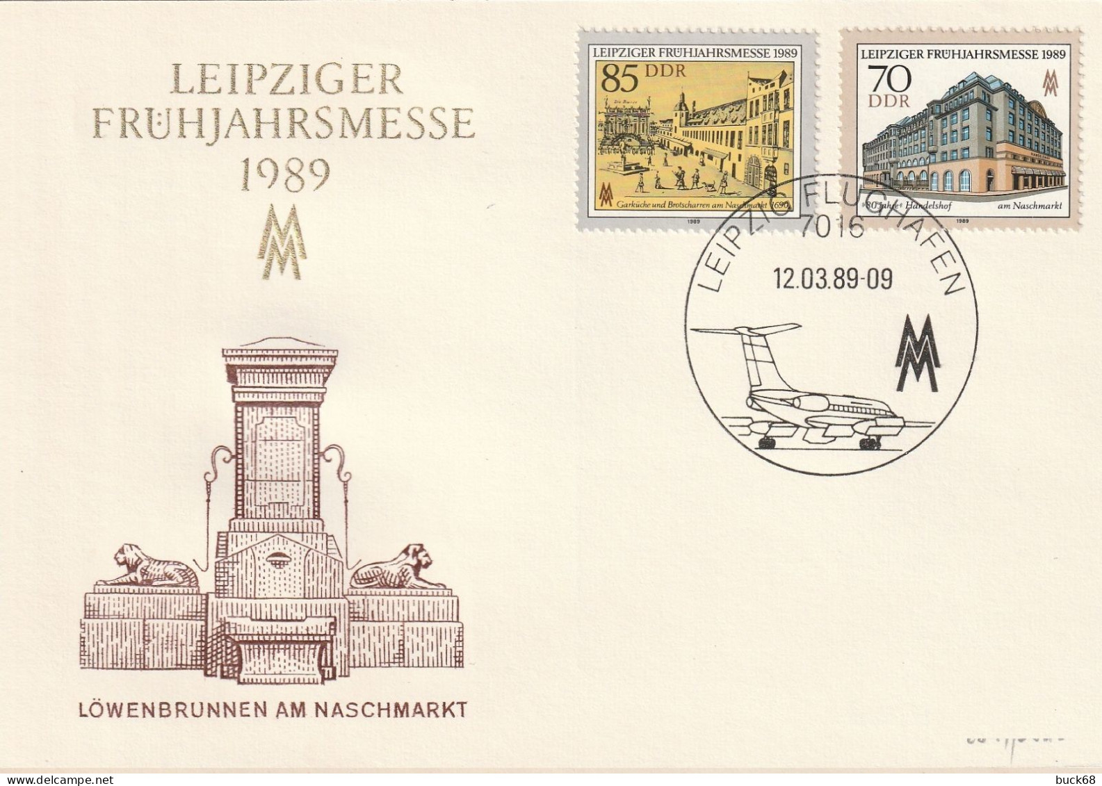 ALLEMAGNE GERMANY RDA DDR 2842 2841 FDC Ersttagbrief Leipziger Frühjahrmesse Löwenbrunnen 12.03.1989 - 1981-1990