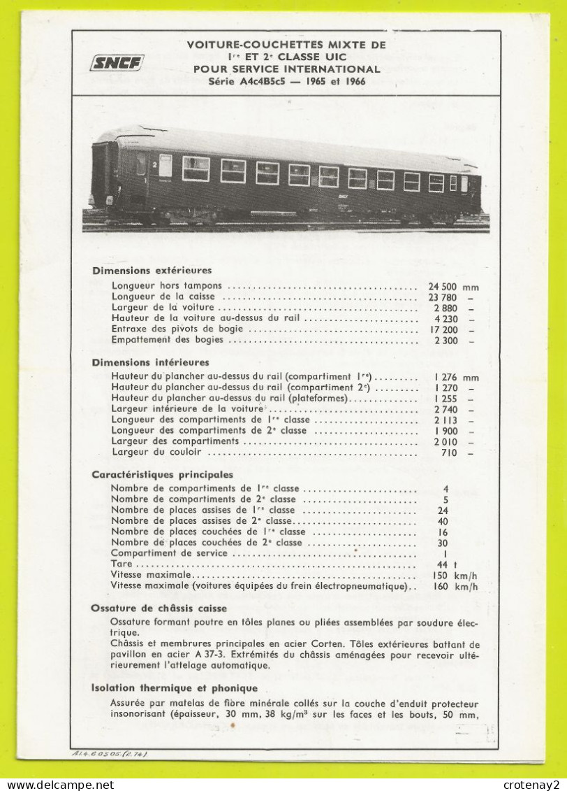 Train Wagons Fiche Technique 2 Volets Wagon Voiture SNCF Couchettes Mixte De 1965 66 Voir Scans Fiche De Février 1974 - Railway