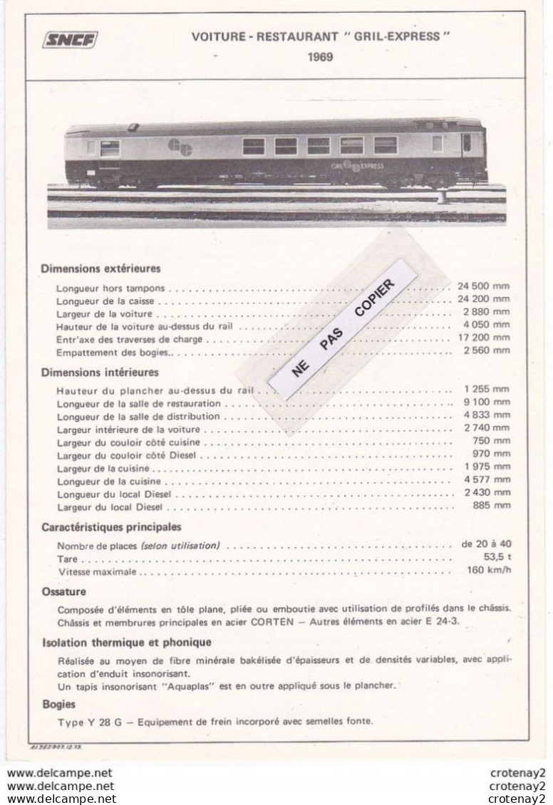 Train Wagons Fiche Technique 2 Volets Wagon Voiture SNCF Restaurant Gril Express Voir Scans (3) Fiche De Décembre 1973 - Chemin De Fer