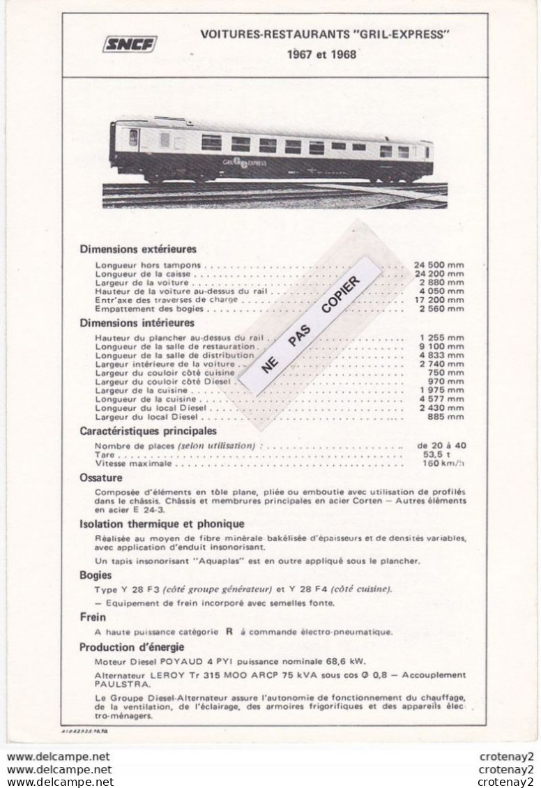 Train Wagons Fiche Technique 2 Volets Wagon Voiture Restaurant SNCF Gril Express Voir Scans (3) Fiche De Octobre 1970 - Railway