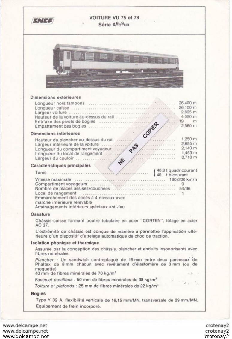 Train Wagons Fiche Technique 2 Volets Wagon Voiture Couchettes SNCF 1ère Cl VU 75 Et 78 Voir Scans (3) Fiche Non Datée - Chemin De Fer