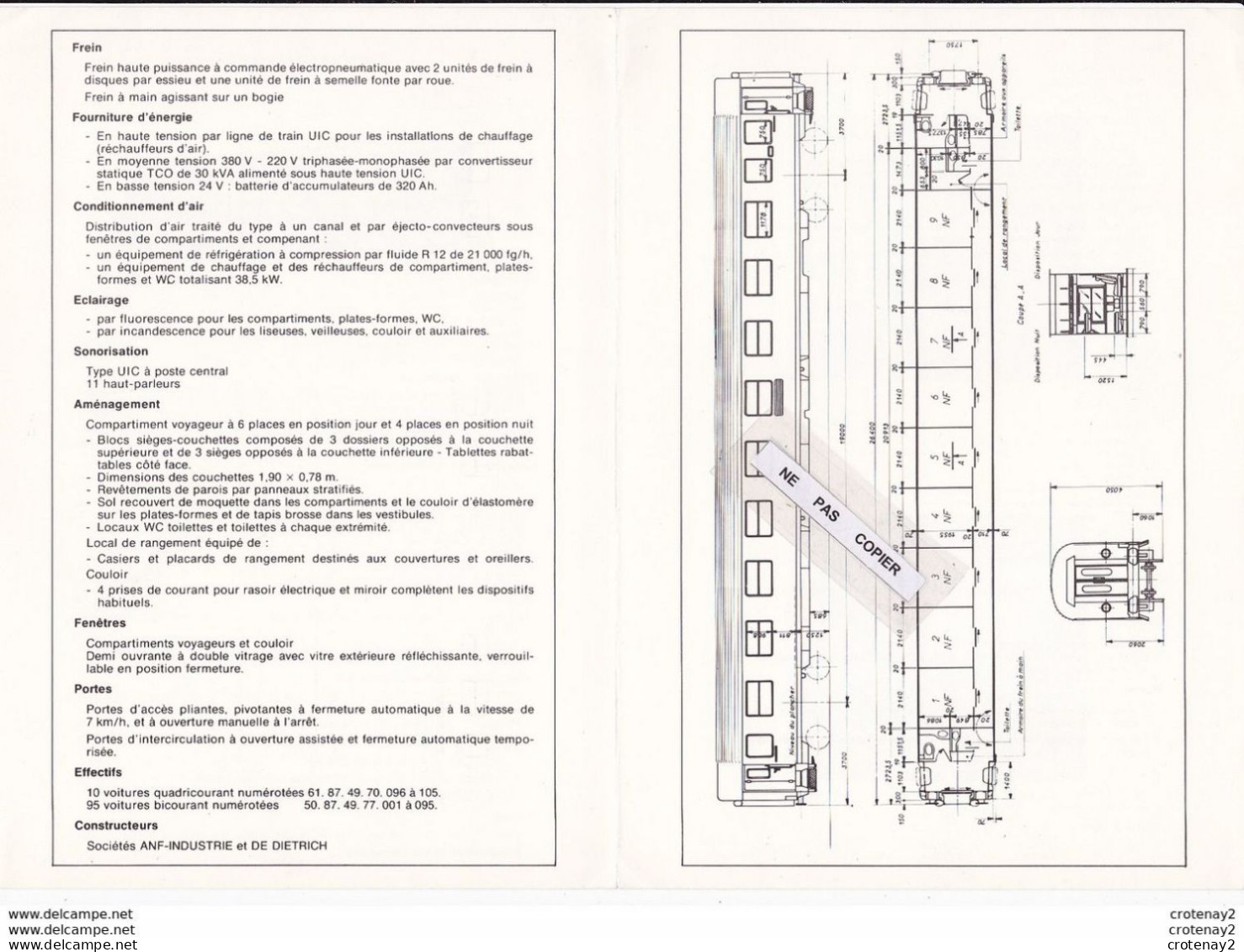 Train Wagons Fiche Technique 2 Volets Wagon Voiture Couchettes SNCF 1ère Cl VU 75 Et 78 Voir Scans (3) Fiche Non Datée - Chemin De Fer