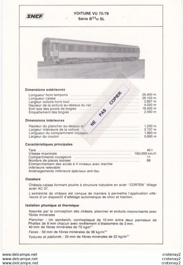 Train Wagons Fiche Technique 2 Volets Wagon Voiture Voyageurs SNCF 2ème Cl VU 75 Et 78 Voir Scans (3) Fiche Non Datée - Spoorweg