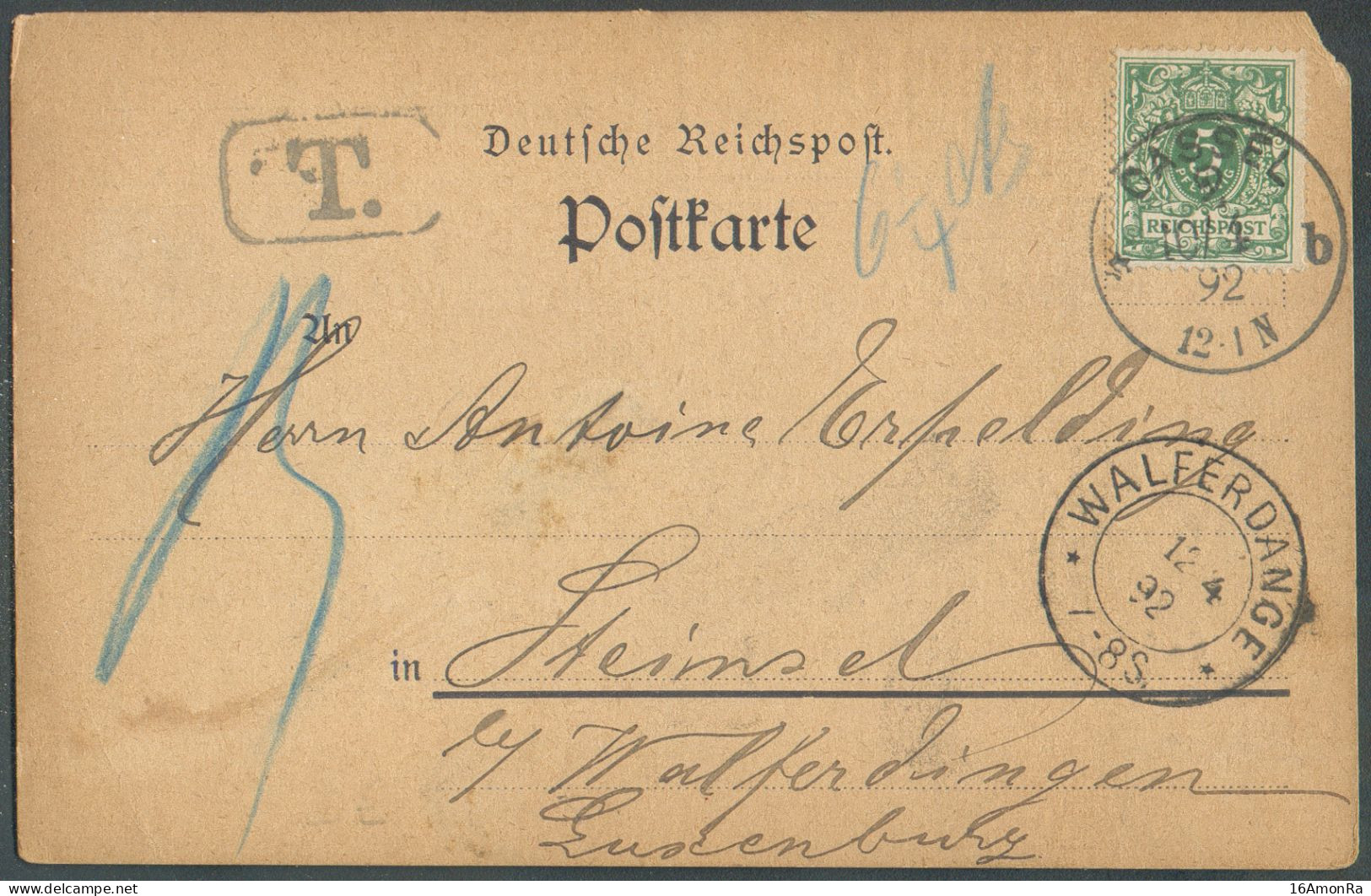 Allemagne 5pfg Vert Obl. Sc CASSEL Sur Carte Du 10/1 1892 Vers Steinfort Via Walferdange - 22001 - 1891 Adolphe Frontansicht
