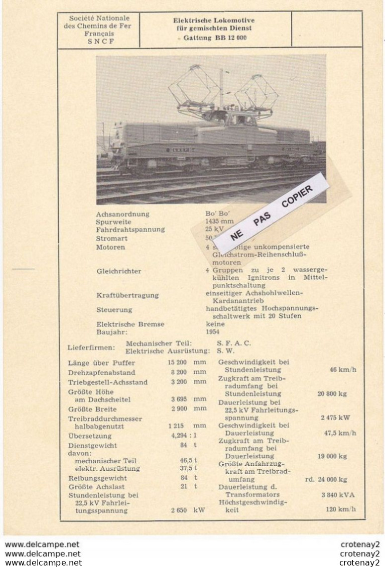 Train Wagons Fiche Technique Recto Verso Locomotive SNCF BB 12000 Voir Scans (2) Fiche De Mars 1955 écrite En Allemand - Ferrocarril