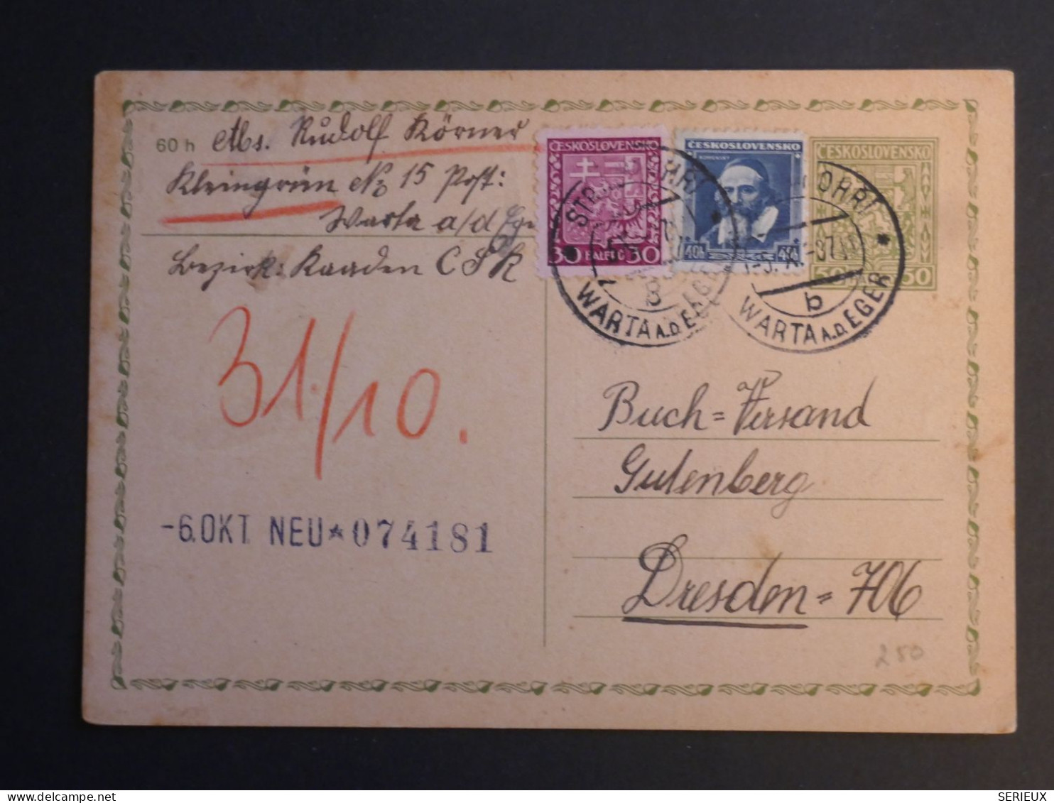 DJ 21 TCHECOSLOVAQUIE  BELLE  CARTE ENTIER   1937 A DRESDEN GERMANY  +  AFF. INTERESSANT ++++ - Cartes Postales