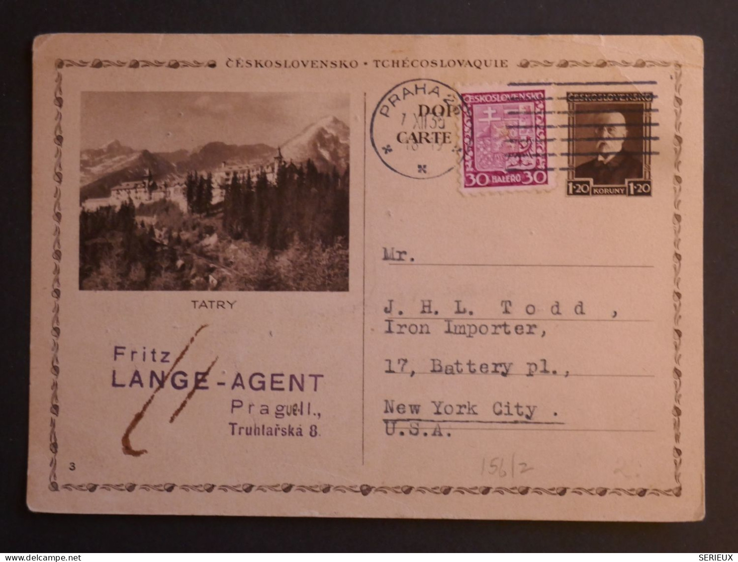 DJ 21 TCHECOSLOVAQUIE  BELLE  CARTE ENTIER   1933 PRAHA A NEW YORK USA  +  AFF. INTERESSANT ++++ - Cartes Postales