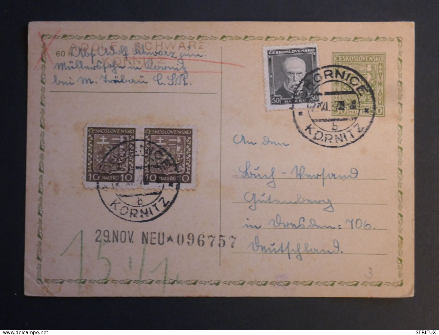 DJ 21 TCHECOSLOVAQUIE  BELLE  CARTE ENTIER   1937 HORNICE   +PAIRE DE TP++  AFF. INTERESSANT ++++ - Cartes Postales