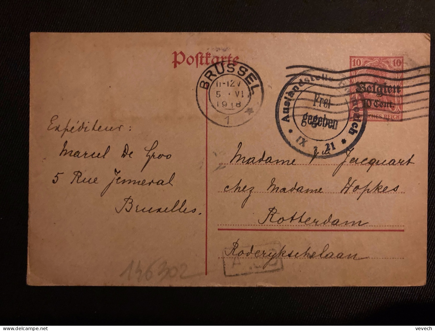 CP EP GERMANIA 10 Surch. Belgien 10 Cent OBL.MEC.5 VI 1918 BRUSSEL + CACHET ALLEMAND - Army: German