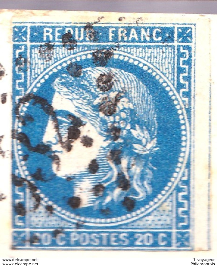 45B - 20c Bleu Cérès Bordeaux - Type II - Rep. 2 - Oblitéré (Bordeaux) Sur Fragment - 1 Voisin - 1870 Emission De Bordeaux