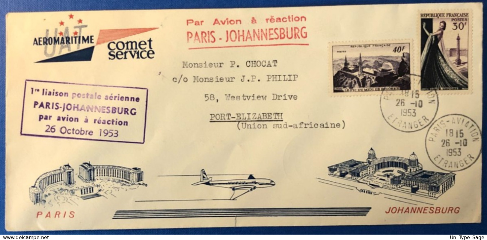France, Premier Vol, Paris / Johannesburg 26.10.1953, Par Avion à Réaction - (L110) - Erst- U. Sonderflugbriefe