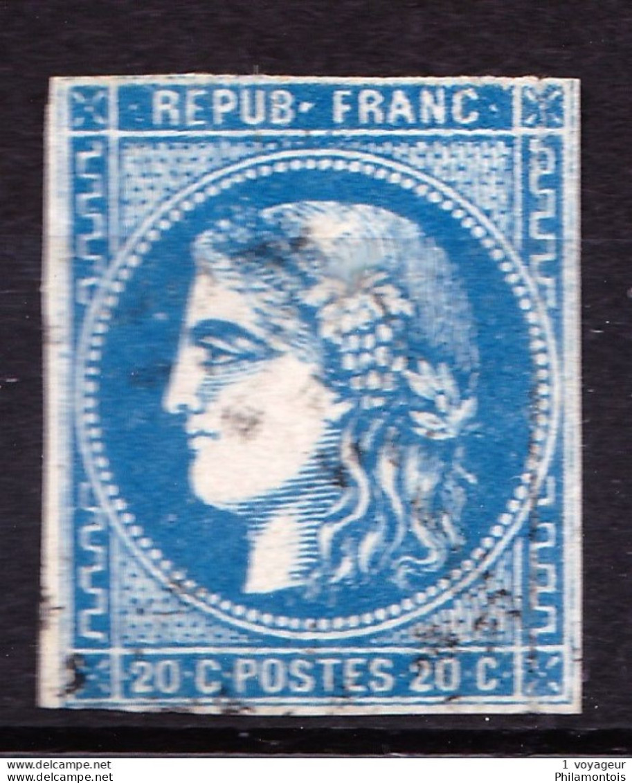 45B - 20c Bleu Cérès Bordeaux - Type II - Rep. 2 - Oblitéré - Au Filet En Haut - Beau - 1870 Emission De Bordeaux