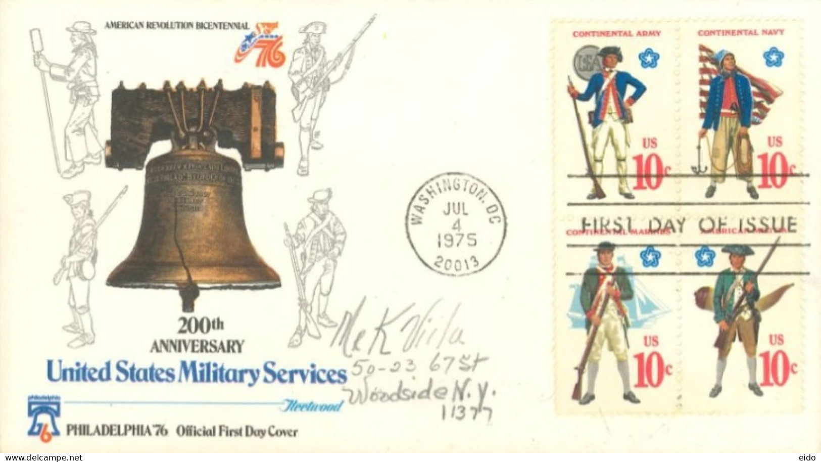 UNITED STATES. - 1975 - FDC STAMPS OF 200th ANNIV OF U.S. MILITARY SERVICES SENT TO WOODSIDE NEW YORK. - Covers & Documents