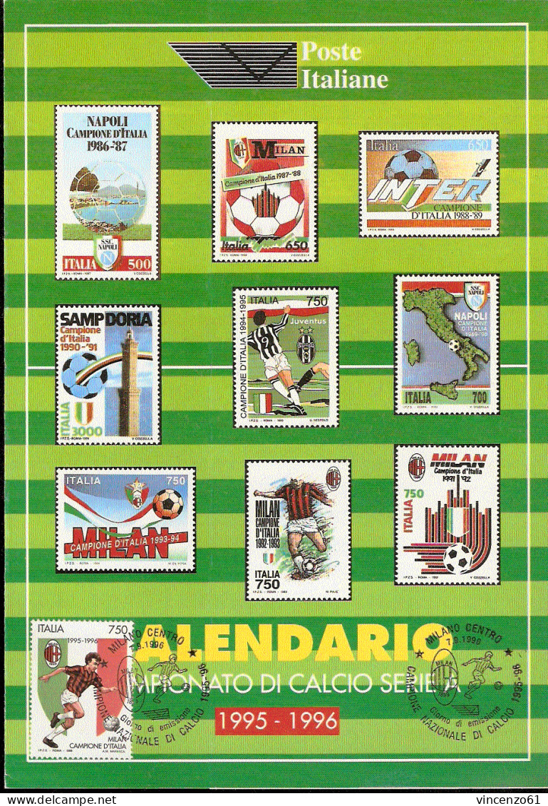 CALENDARIO CAMPIONATO ITALIANO DI CALCIO CON AFFRANCATURA MILAN CAMPIONE 95/96 ED ANNULLO PRIMO GIORNO - Clubs Mythiques