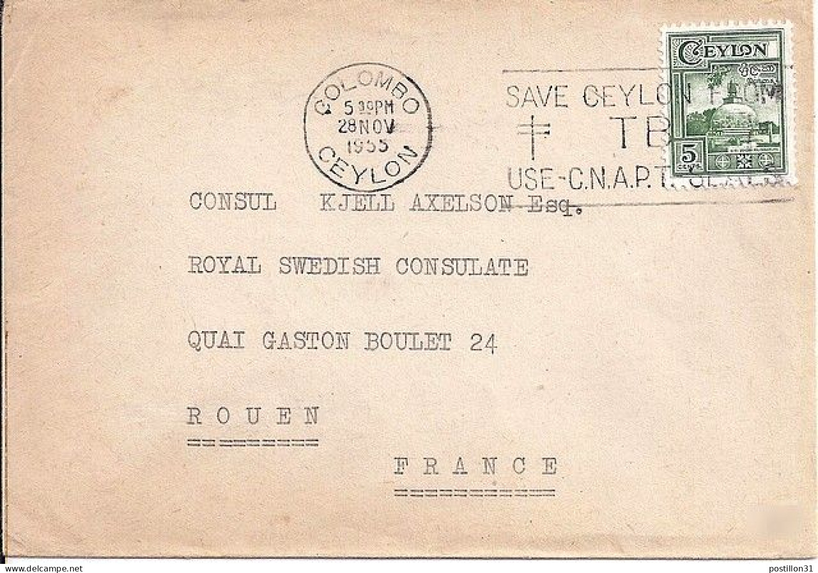 CEYLAN N° 281 S/L. DE COLOMBO/28.11.55 POUR LA FRANCE - Sri Lanka (Ceylon) (1948-...)