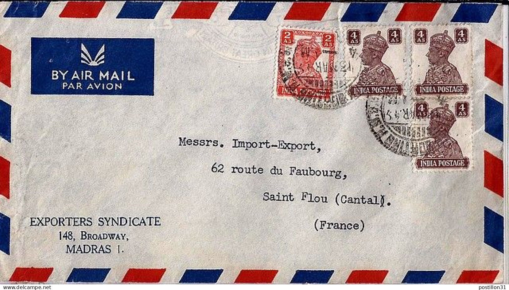 INDE ANGLAISE N° 167/170x3 S/L.DE MADRAS/13.3.49 POUR LA FRANCE - 1936-47 King George VI
