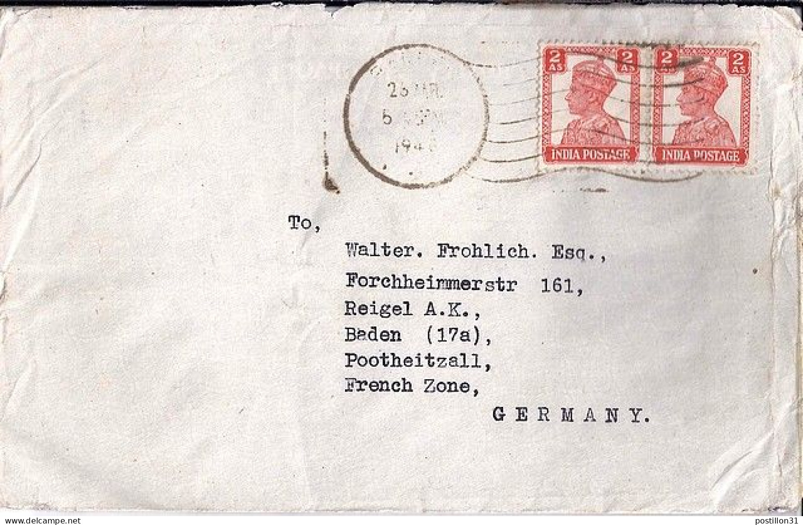 INDE ANGLAISE N° 167x2 S/L.DE BOMBAY/5.4.46 POUR ALLEMAGNE ZONE FRANCAISE - 1936-47 King George VI