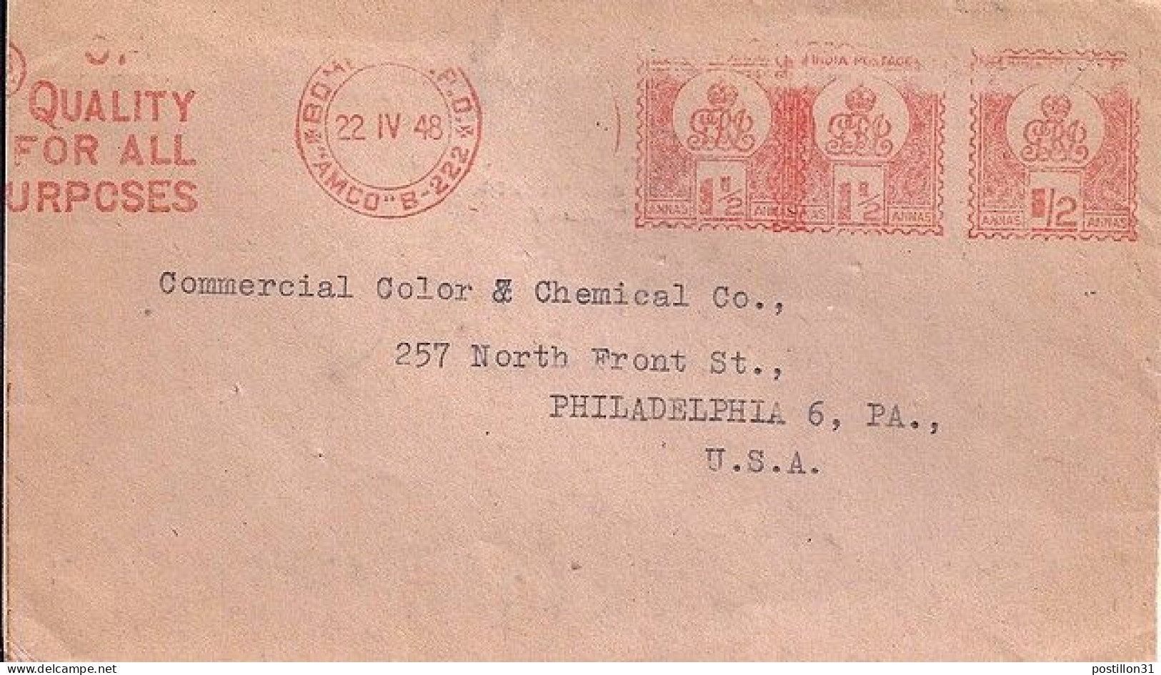 INDE ANGLAISE N° EMA 1,5+1,5+0,5 S/L.DE BOMBAY/22.4.48 POUR LES USA - 1936-47 King George VI