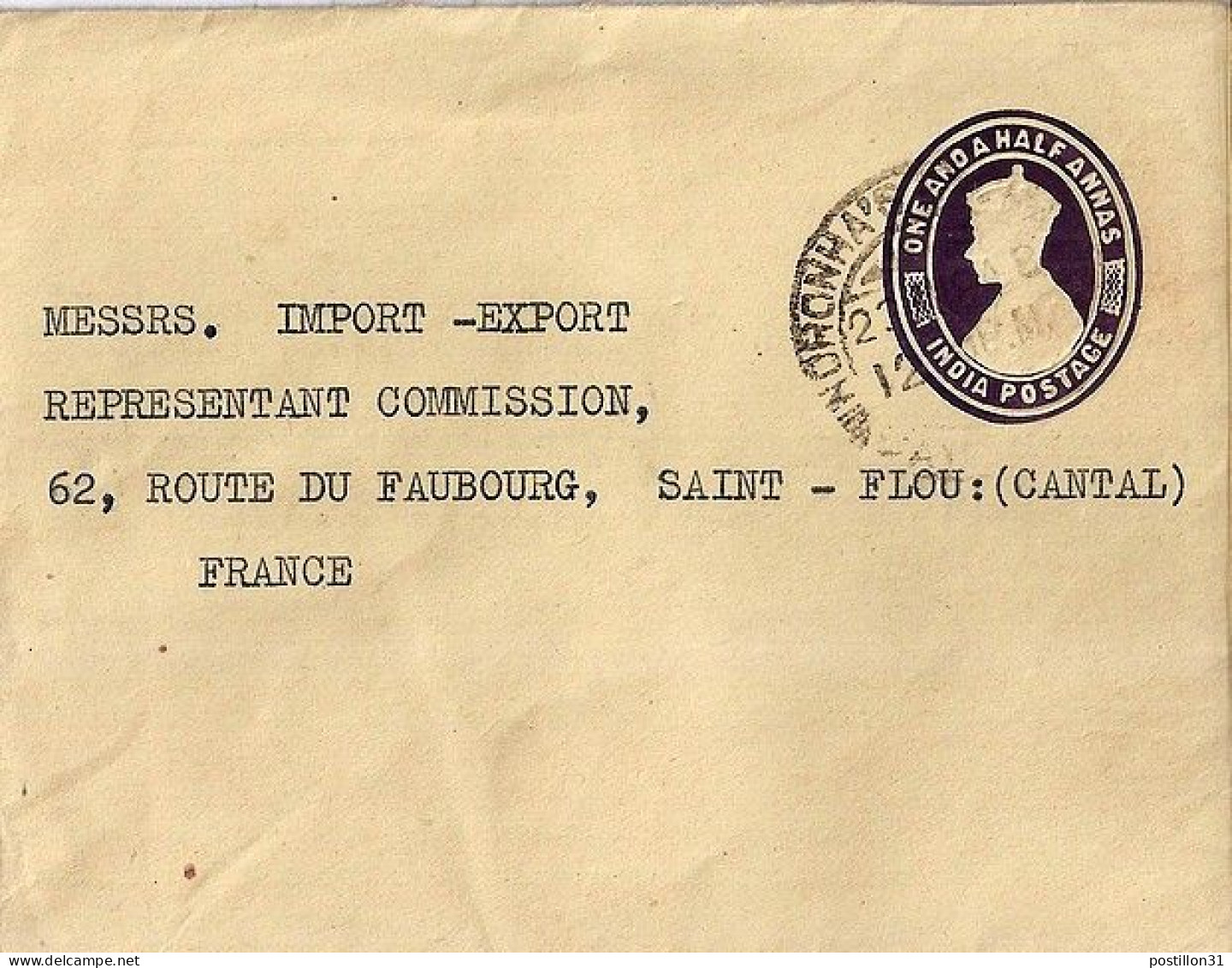 INDE ANGLAISE N° 167 S/EP.DE MADRAS/23.8.48 POUR LA FRANCE - 1936-47 Roi Georges VI