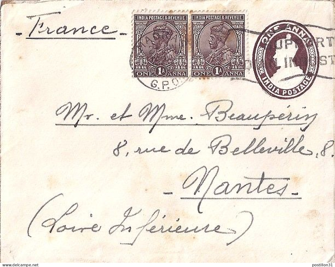 INDE ANGLAISE N° 78x2 S/ENTIER POSTAL.DE MADRAS/27.6.28 POUR LA FRANCE - 1911-35  George V