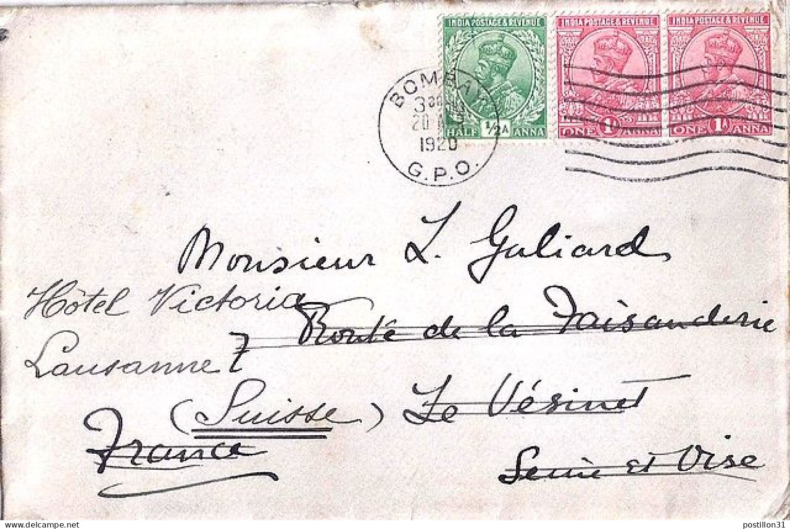 INDE ANGLAISE N° 76/44x2 S/L.DE BOMBAY/20.4.20 POUR LA SUISSE - 1911-35 Roi Georges V