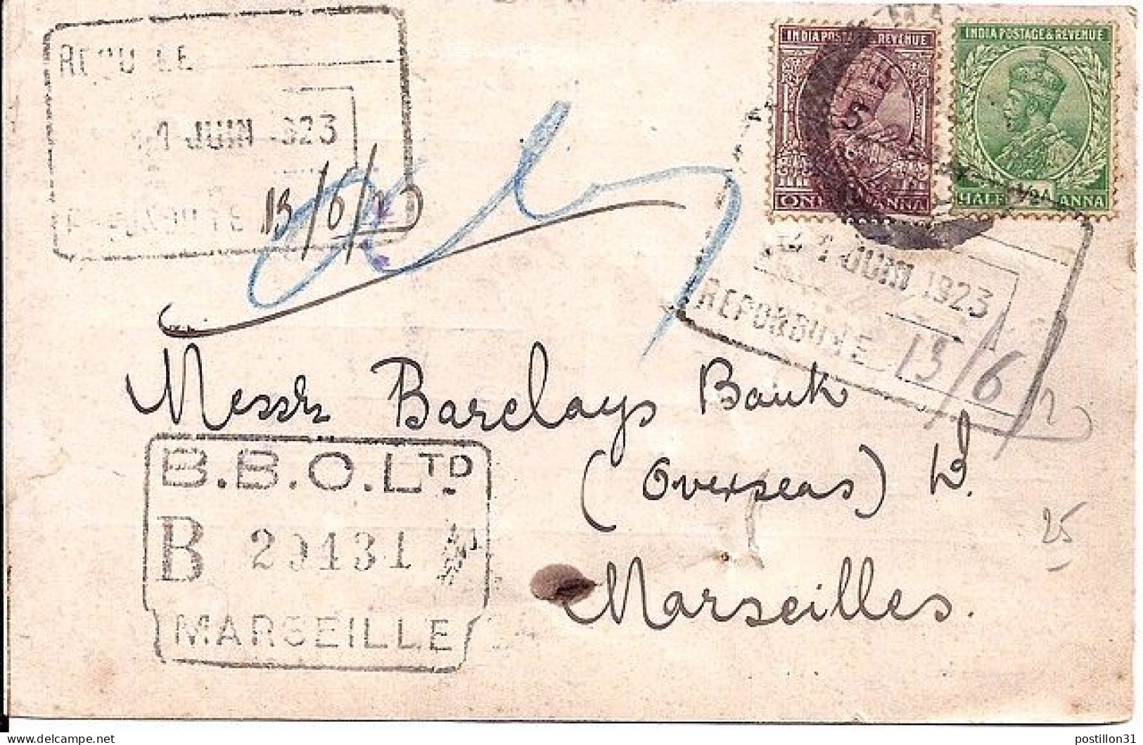 INDE ANGLAISE N° 76/78 S/CP DE MADRAS/1.6.23 POUR LA FRANCE - 1911-35 Roi Georges V