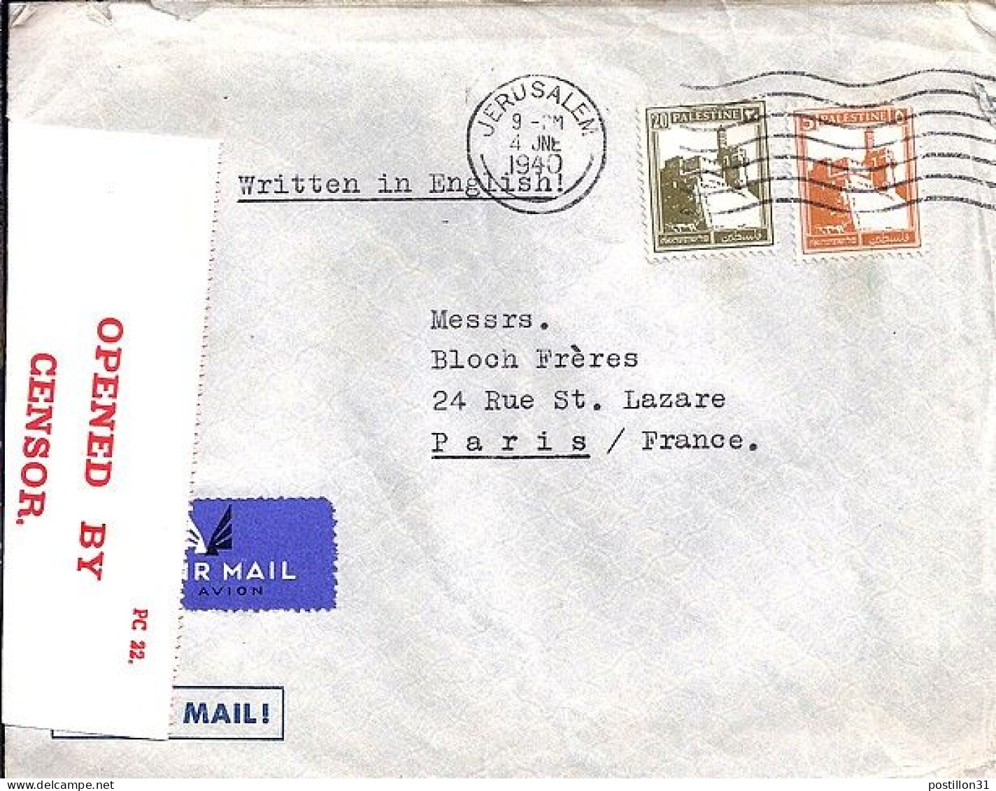 PALESTINE N° 74/66  S/L.DE JERUSALEM/4.6.40 POUR LA FRANCE + CENSURE  - Palestine