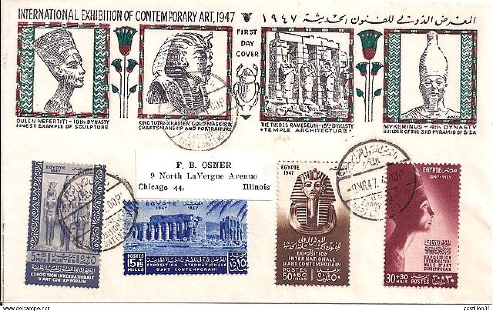 EGYPTE N° 250/251/252/253 S/L. DE LE CAIRE/9.3.47 POUR LES USA - Covers & Documents