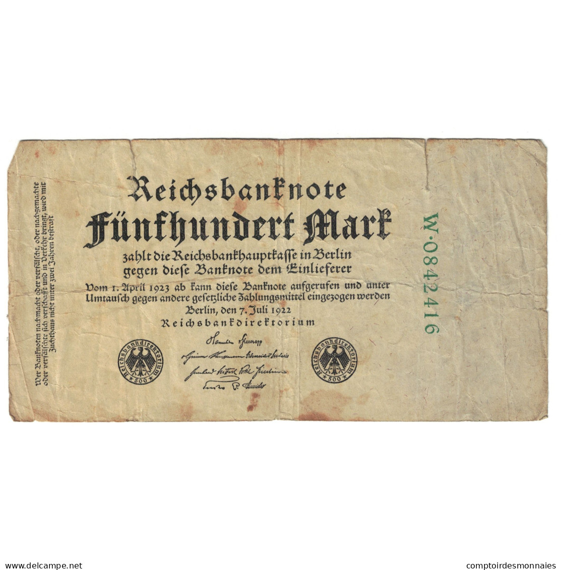 Billet, Allemagne, 500 Mark, 1922, 1922-07-07, KM:74a, TB - 500 Mark