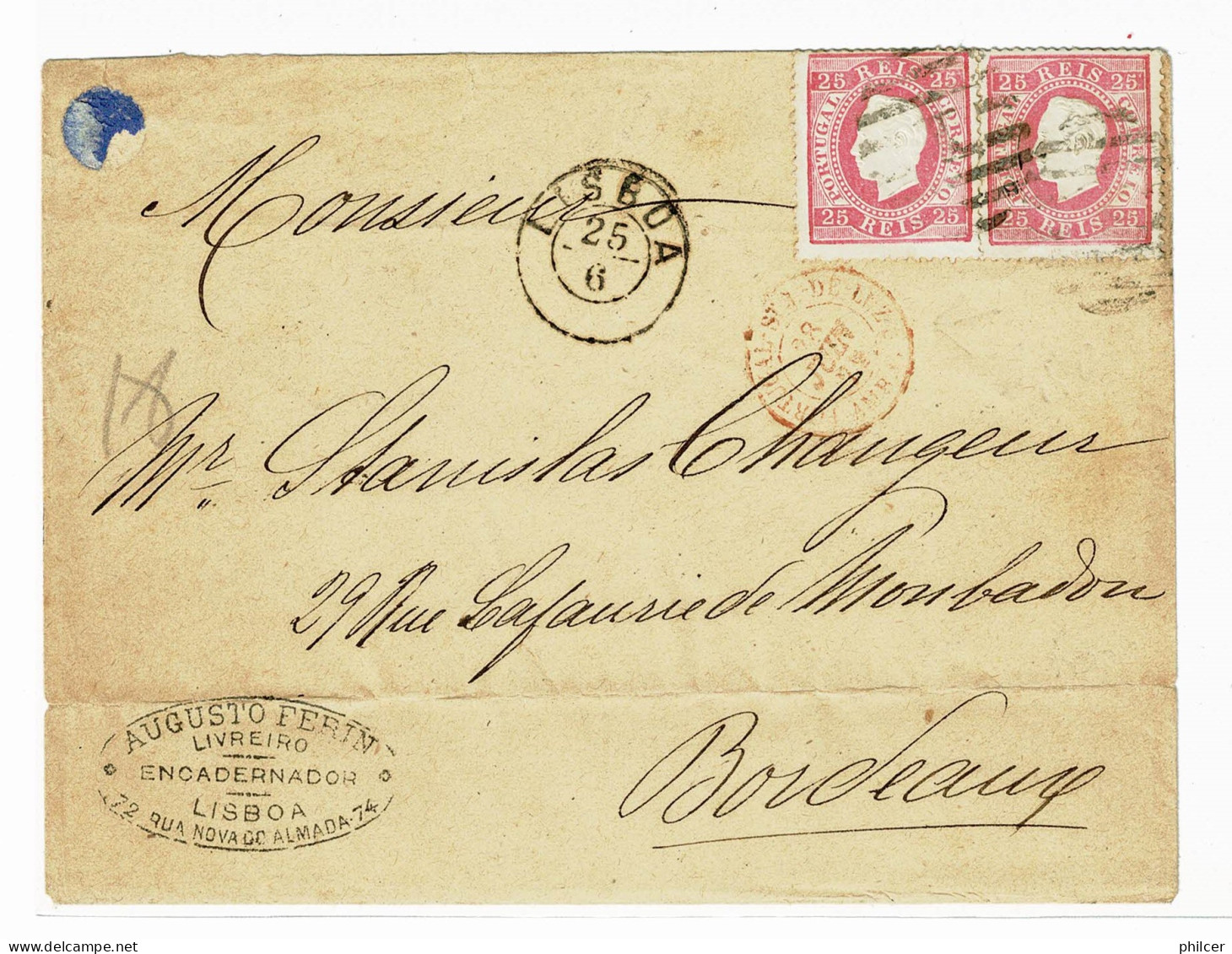 Portugal, 1870/6, # 40af Dent. 13 1/2, Tipo XIV, For Bordeaux - Covers & Documents