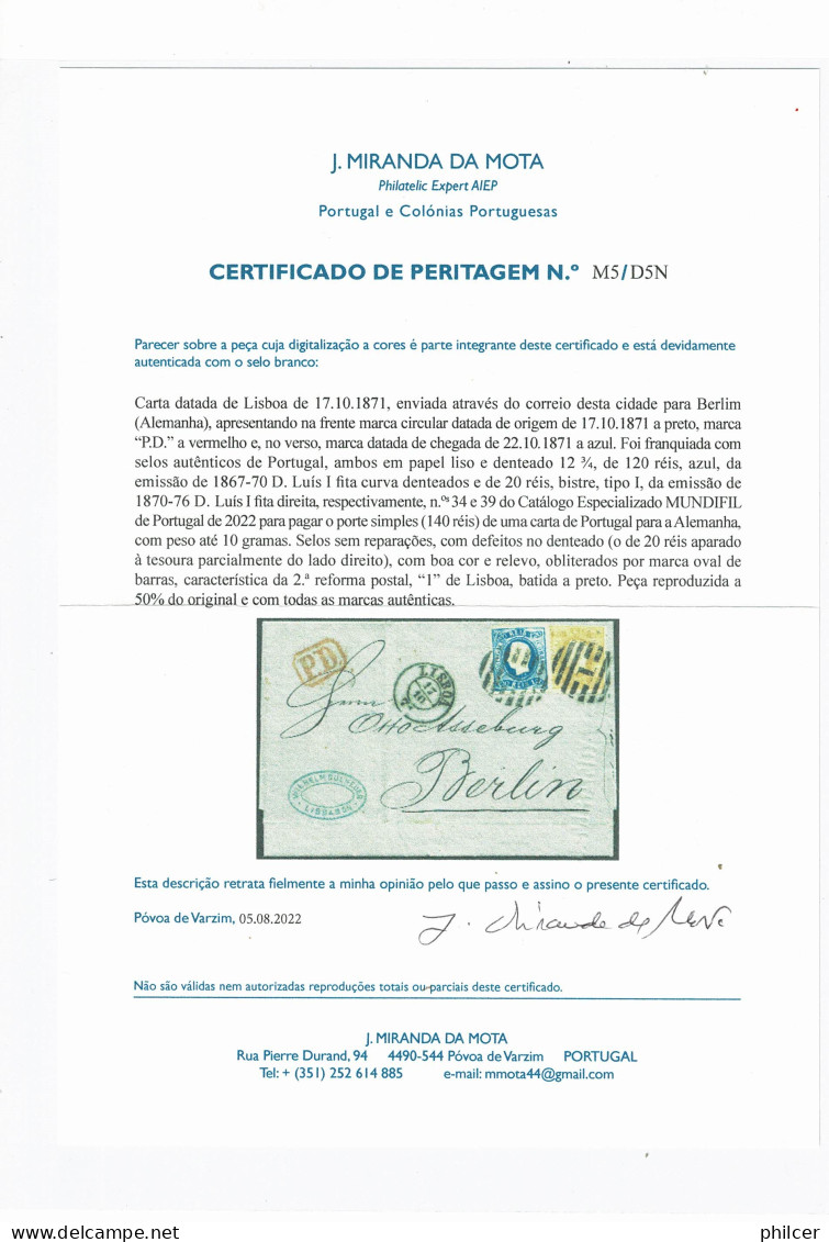 Portugal, 1871, # 34, 39, Para Berlin, Com Certificado - Covers & Documents