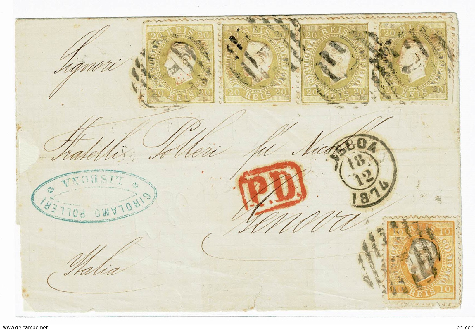 Portugal, 1874, # 39a..., For Genova - Covers & Documents