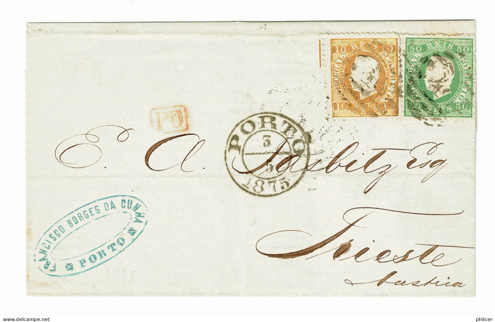 Portugal, 1875, # 37, 41, Para Trieste, Com Certificado - Storia Postale