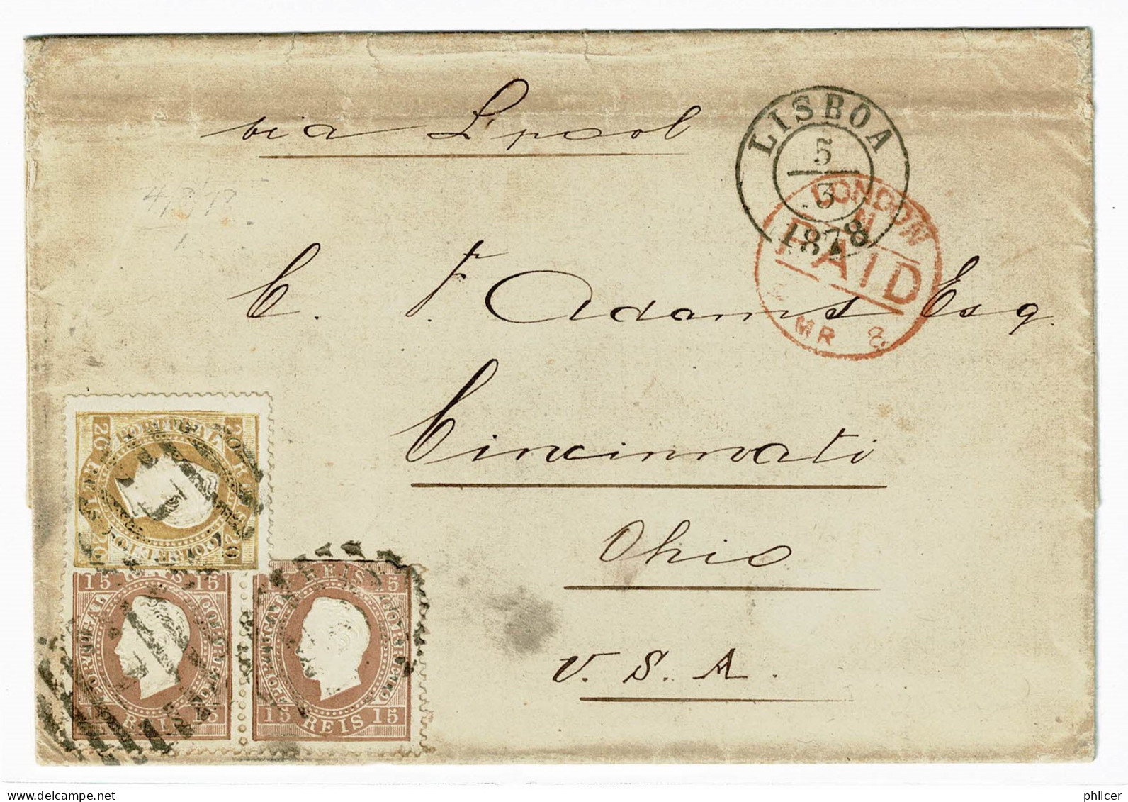 Portugal, 1878, # 38..., For USA - Storia Postale