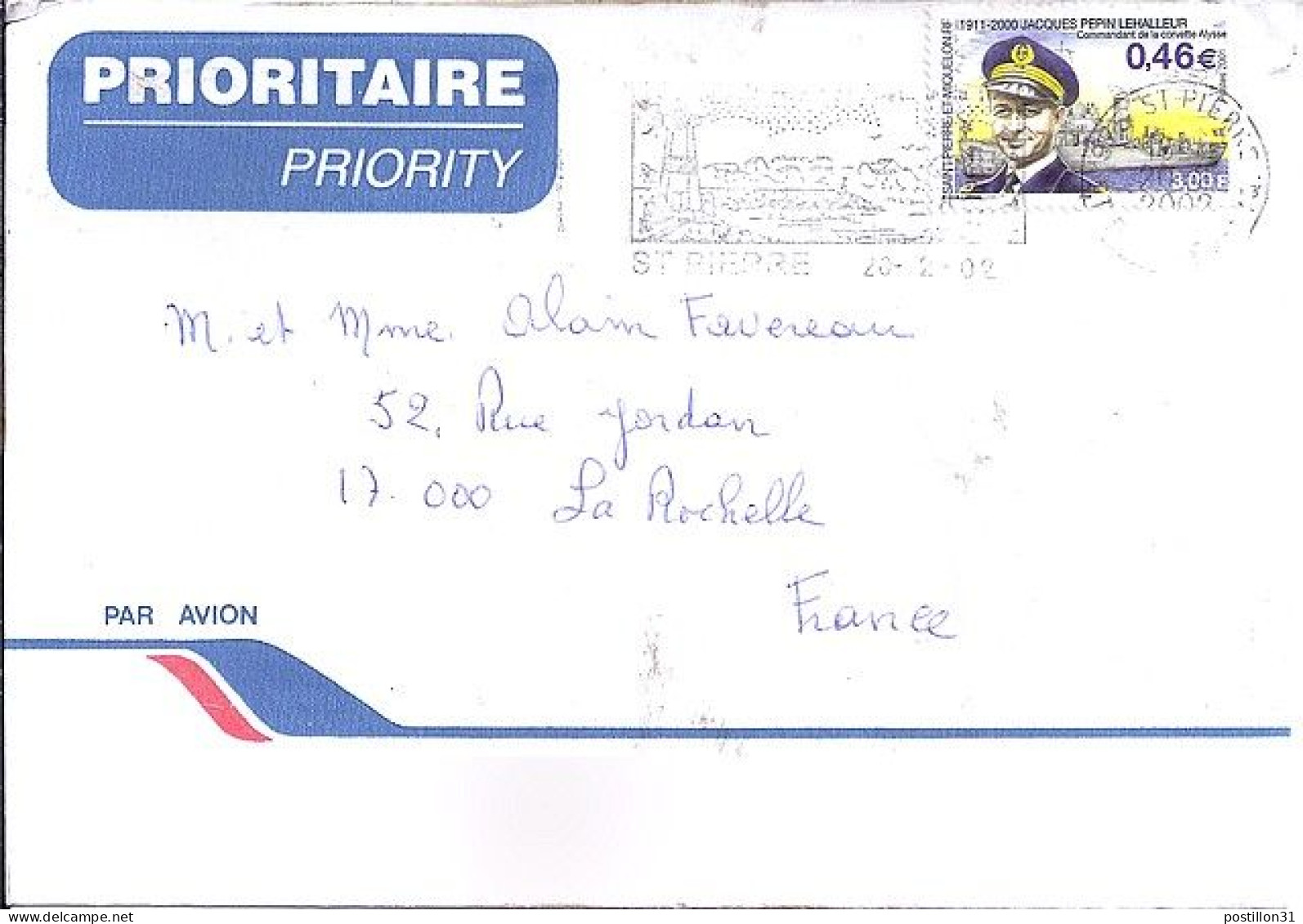 SPM N° 756 S/L.DE ST PIERRE/20.2.02  POUR LA FRANCE  - Storia Postale
