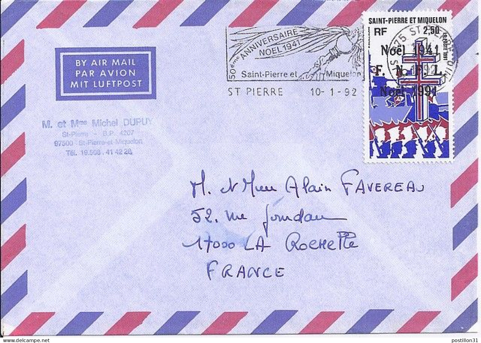 SPM N° 554 S/L.DE ST PIERRE/10.1.92  POUR LA FRANCE  - Lettres & Documents