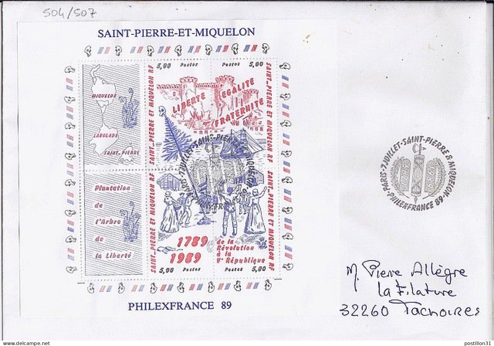 SPM N° 504/507 BLOC PHILEXFRANCE S/L. ST PIERRE ET MIQUELON/7.7.89 - Cartas & Documentos